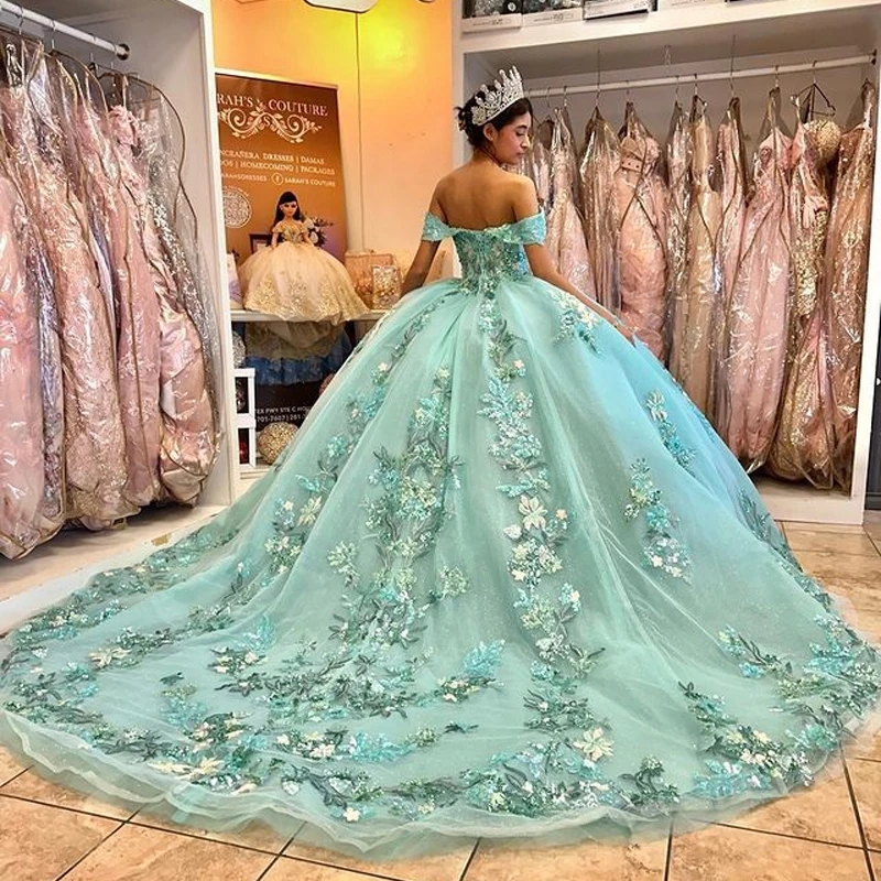 Mint Green Sweetheart Quinceanera Dresses For 15 Party Princess 3DFlower Appliques Tulle Lace Birthday Party Dress Gradient Ball Gown