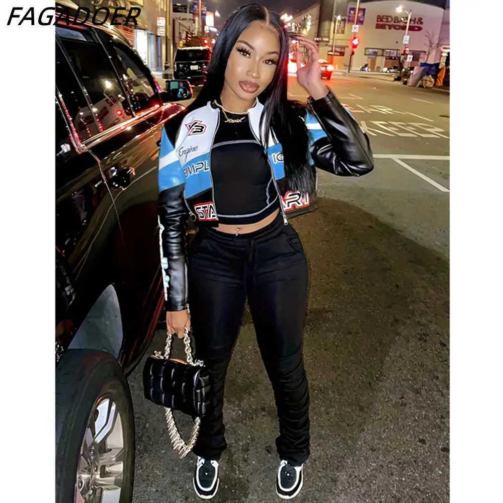 Women's Jackets FAGADOER Fashion Street Style Womens PU leather long sleeved zippered crop jacket Womens letter printed patchwork ultra-thin jack