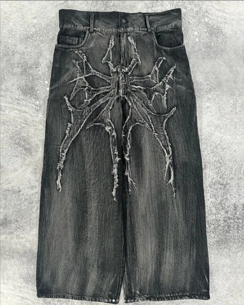 Gothic geometric spider pattern embroidered oversized high-waisted jeans for men y2k American washed old wide-leg pants 240704