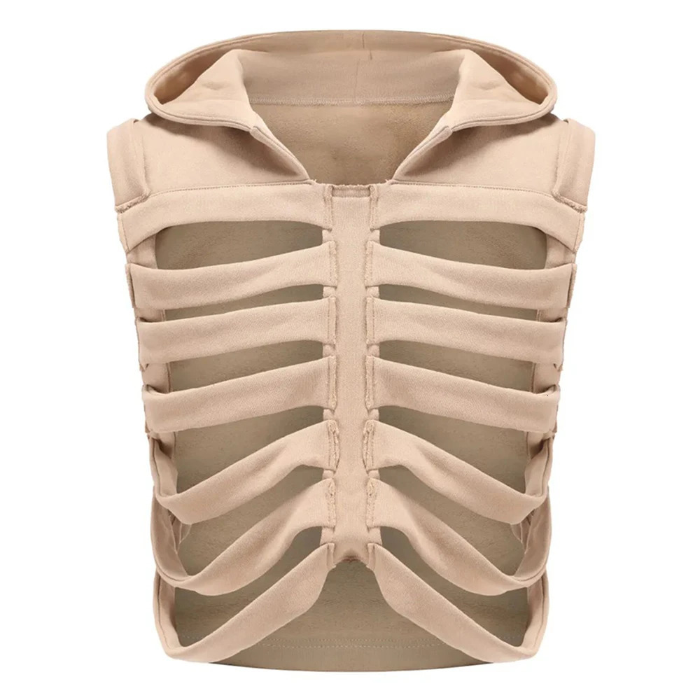 Autumn Mens Street Distressed Printed Skeleton Hollow Hooded Vest Thin Line Special-Shaped American Y2K Unisex Jacket 240704