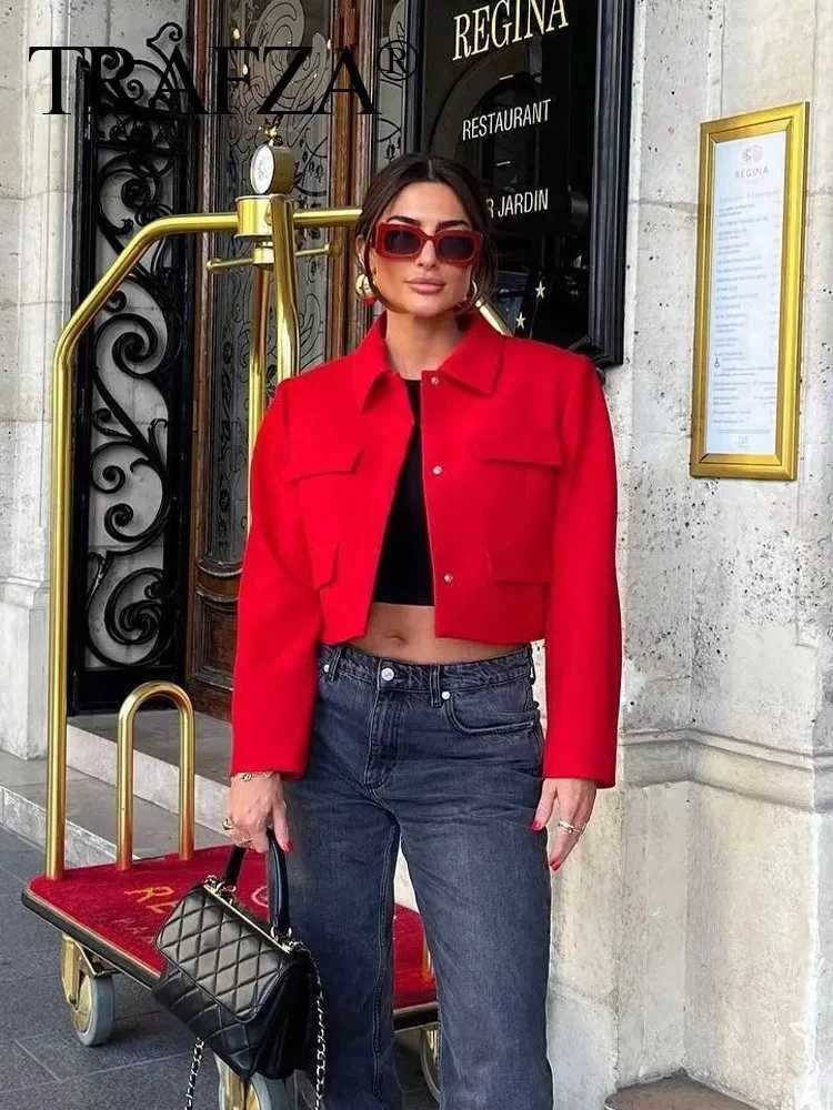 Women's Jackets TRAFZA 2024 Spring New Womens Short Coat Elegant Solid Long Sleeve Front Flap Pocket Womens Jacket J240708