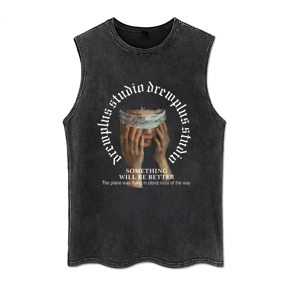 Heaven Letter Printed Tank Tops Animal Cat Tank Top Summer Washed Tshirt Vintage Sleeveless T-shirt Retro Y2k Tee for Man Woman 240703