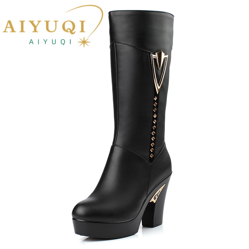 AIYUQI winter women boots first layer of leather high heeled genuine leather boots Gaotong thick with long barreled boots wool