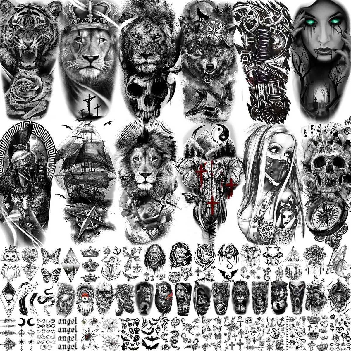 63 Sheets Tribal Wolf Lion Tiger Temporary Tattoos For Men Women Thigh Arm Fake Tattoo Sticker 3D Skull Gangster Tatoos BlackB240711