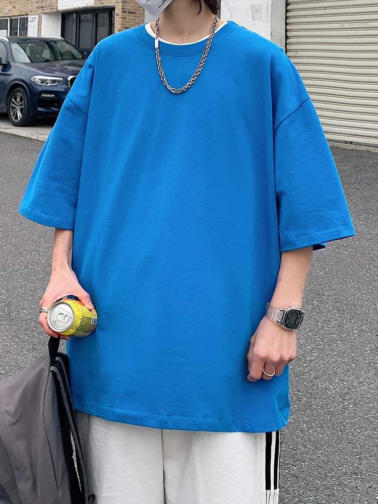 Summer 220G Cotton Oversized T Shirt Men Women Unisex Korean Short Sleeve Basic Tee Loose Tops Solid Color Hip Hop Y2K Tshirts 240703
