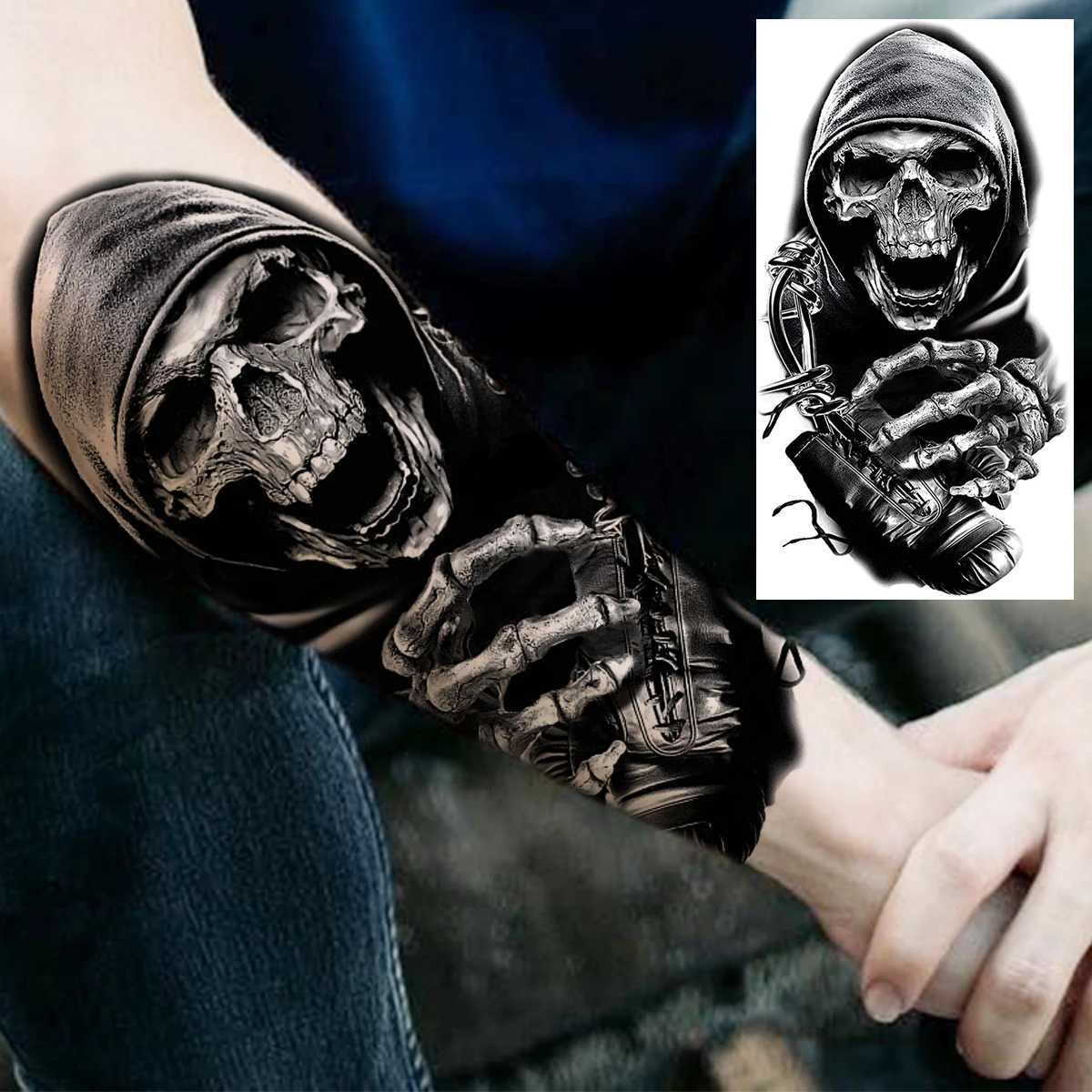 8 Sheets Tribal Lion Tiger Temporary Tattoos For Women Adults Men Fake Black Skull Dragon Tattoo Sticker Gangster Compass TatoosB240711