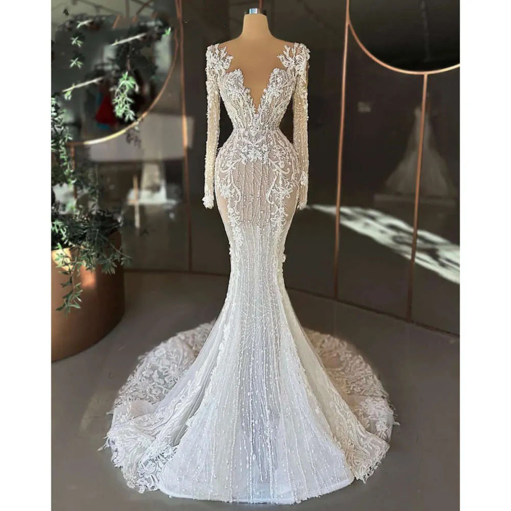 Aso Plus Arabic Ebi Size White Mermaid Lace Wedding Dress Pearls See Through Vintage Bridal Gowns Dresses