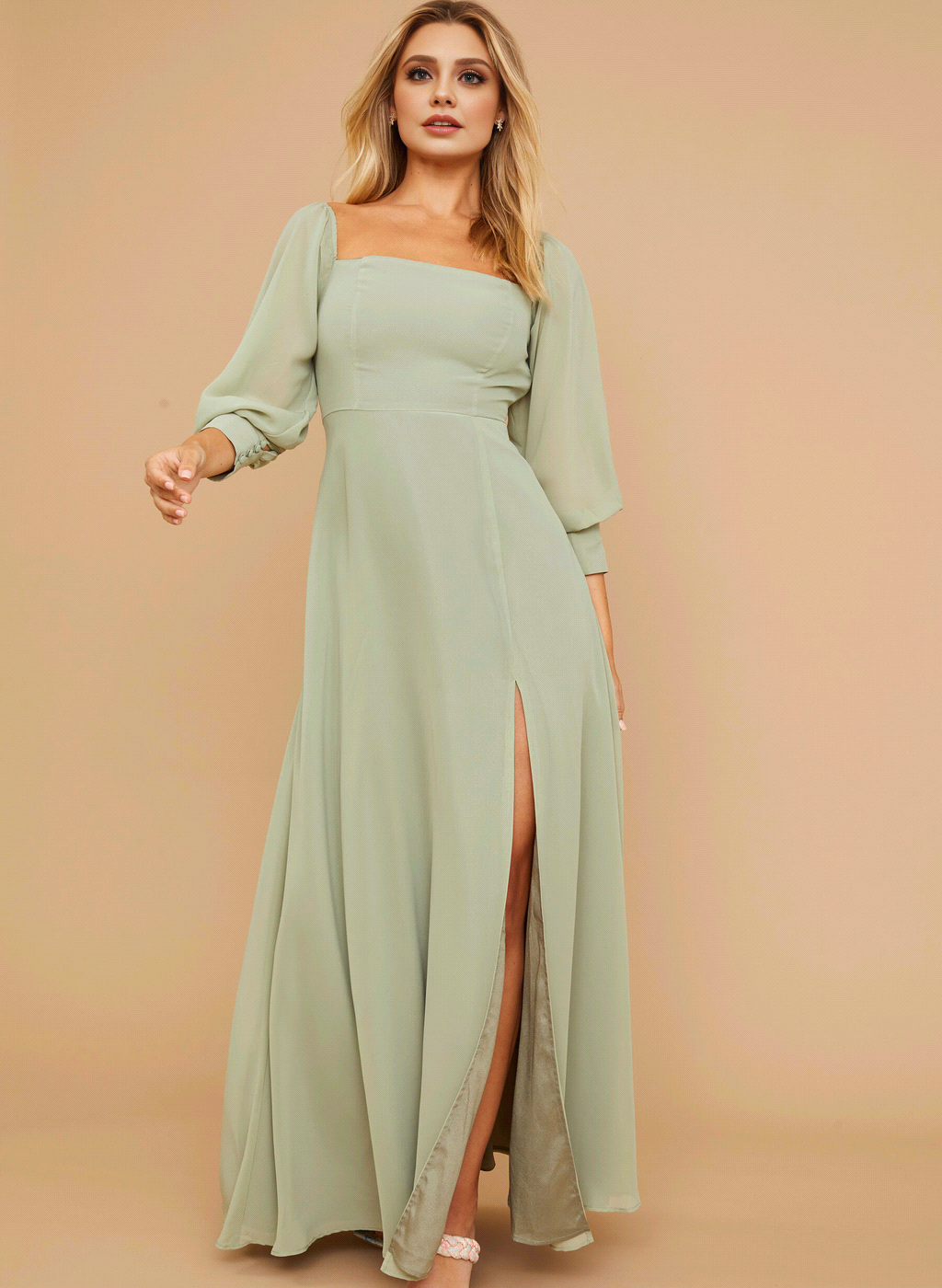 Chiffon Side Split A-e Prom Square Long Sleeve or-Length Formal Dresses for Women Dress BC19169