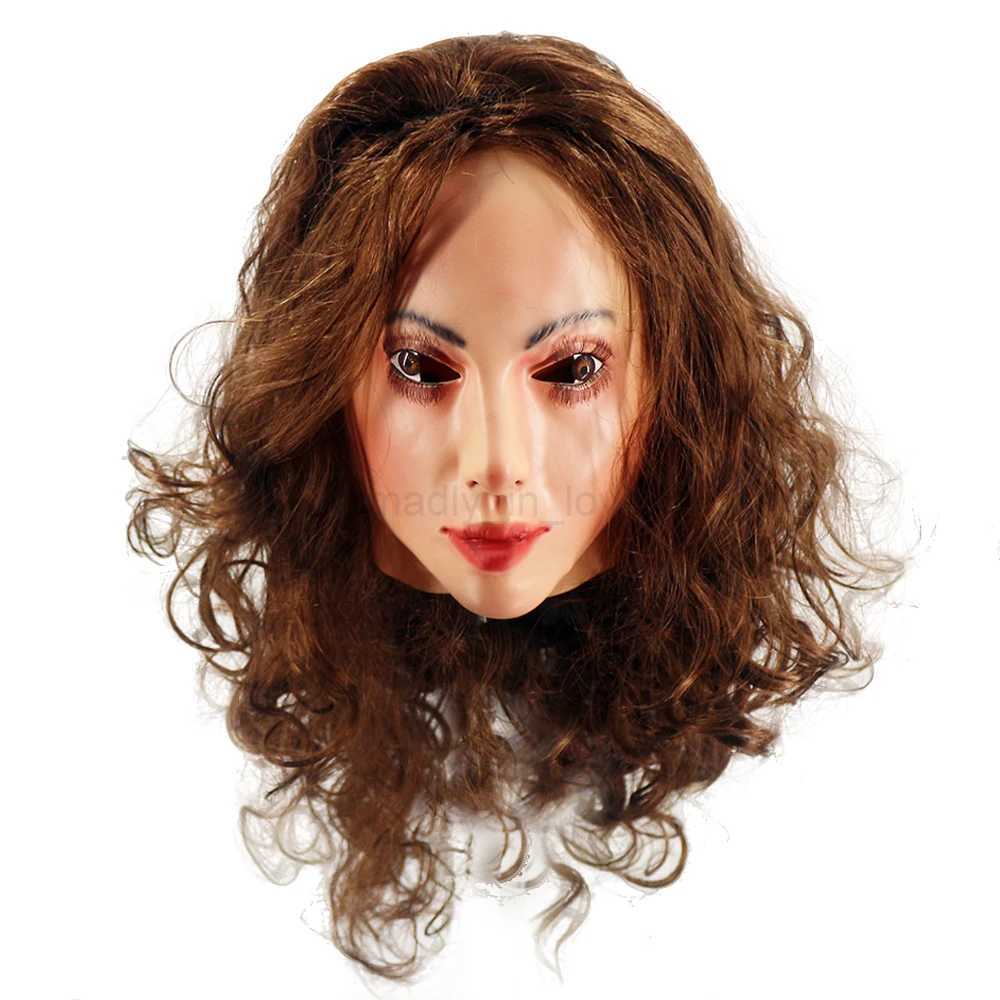 Realistic Female Latex Mask Woman Face Halloween Latex Mask with Wig Lady Crossdressing Sissy Transgender CostumeM240711