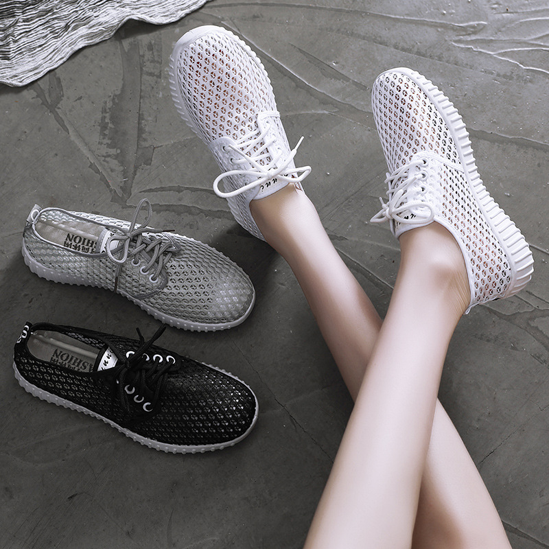 Womens Hollow Out Lace Up Flats Breathable Mesh Lightweight Shoes Casual All-match Sneakers atos De Mujer a0bf