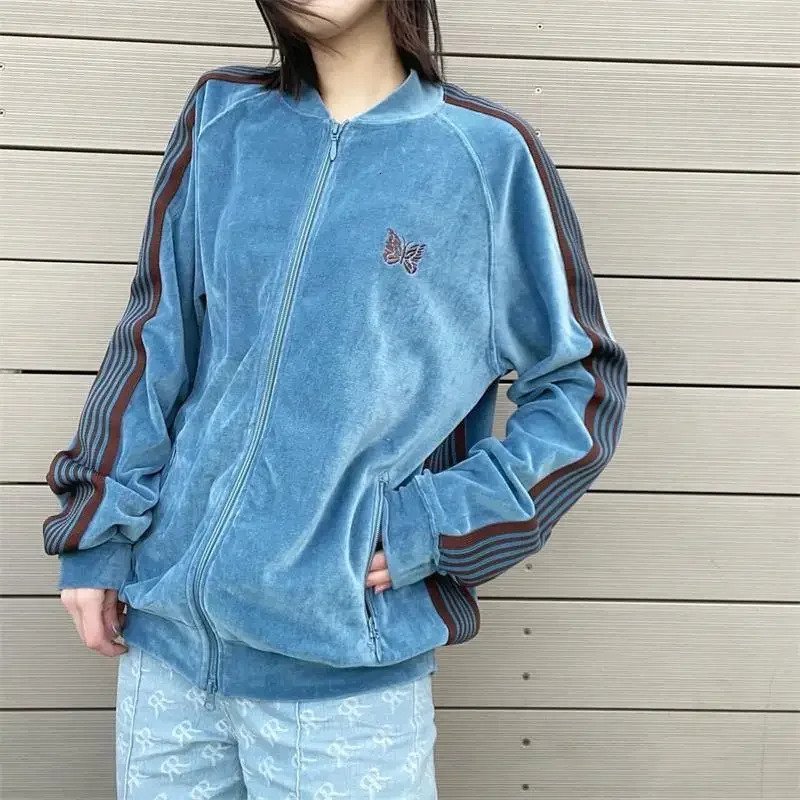 Casual Embroidered Blue Silk Velvet Butterfly Needles Track Iceberg Jacket Zipper Sports Vest For School Leisure 240703