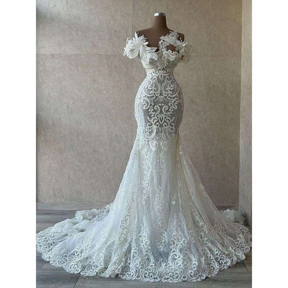 Wedding Mermaid Beach Dresses Sexy Bridal Gowns 3D Wer Pearls Lace Appliqued Sheer Neck Custom Made Vestido De Novia