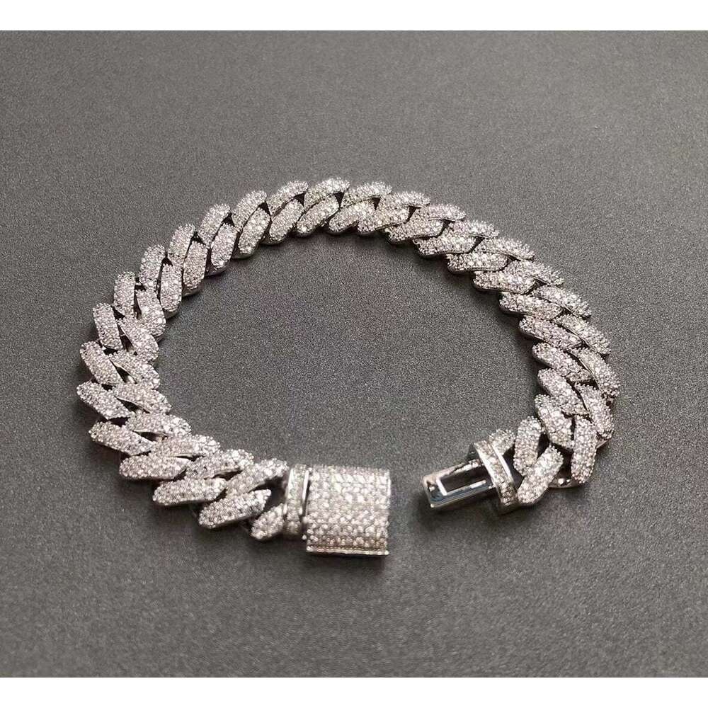 Aaa Gems 14mm Iced Out Moissanite Diamond Hip Hop Chains 925 Silver/18k Gold Prong Setting Miami Cuban Chain Bracelet for Mens