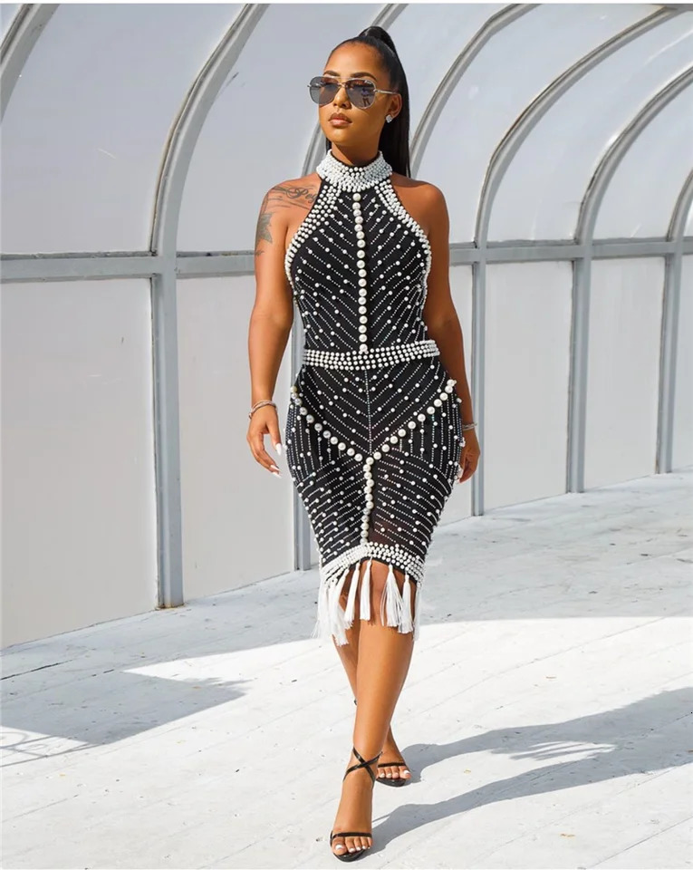 White Black Tassel Beaded Sexy Sleeveless Cocktail Party Dresses For Women Summer Fashion Backless Dinner Club Midi Dress 240710