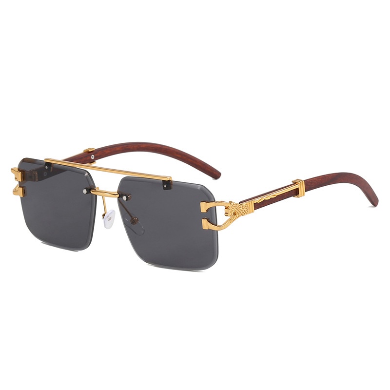 Square Rimless Sunglasses Men Retro Flat Top Double Bridges Metal Frame Men's Sunglasses Luxury Gold Lion Decoration Women Sun Glasses Eyewear S1