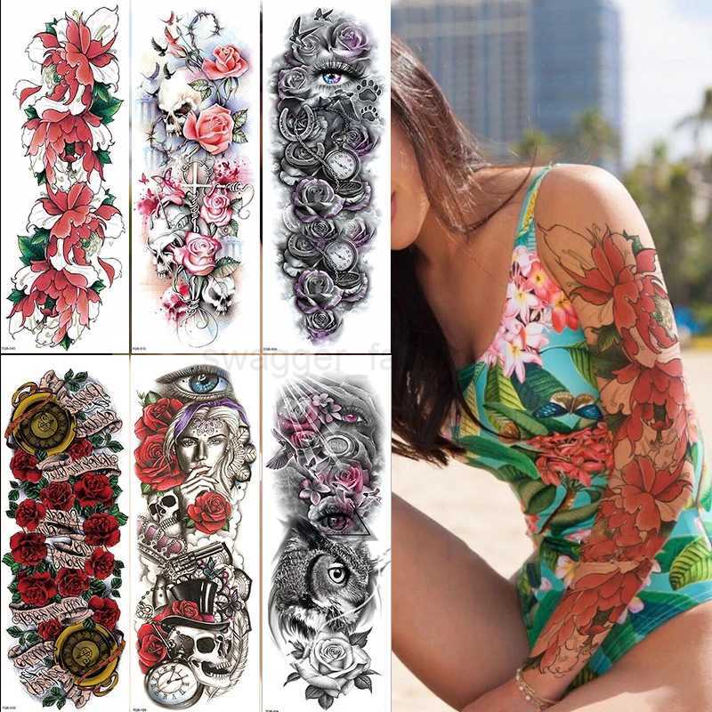 Body Art Full Fake Tatoo Tiger Wolf Flowers Rose Large Arm Tattoo Sticker Full Sleeve Waterproof Semi Permanent Tattoo Women ManB240711