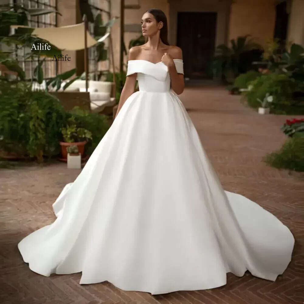 De Vestidos Novia Satin Ball Gown Wedding Dress Off The Shoulder Simple Robe Mariage V Neck Sukienka Na Custom Made