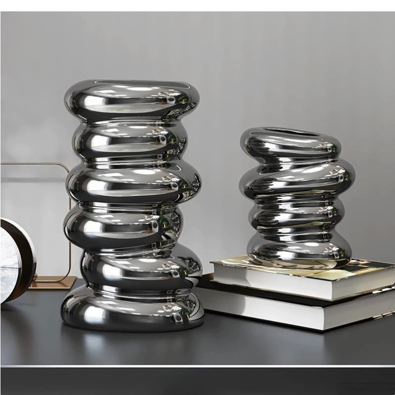 Electroplated Sier Ceramic Nordic Decoration Home Shaped Spiral Vase Living Room wer Arrangement Container 240709