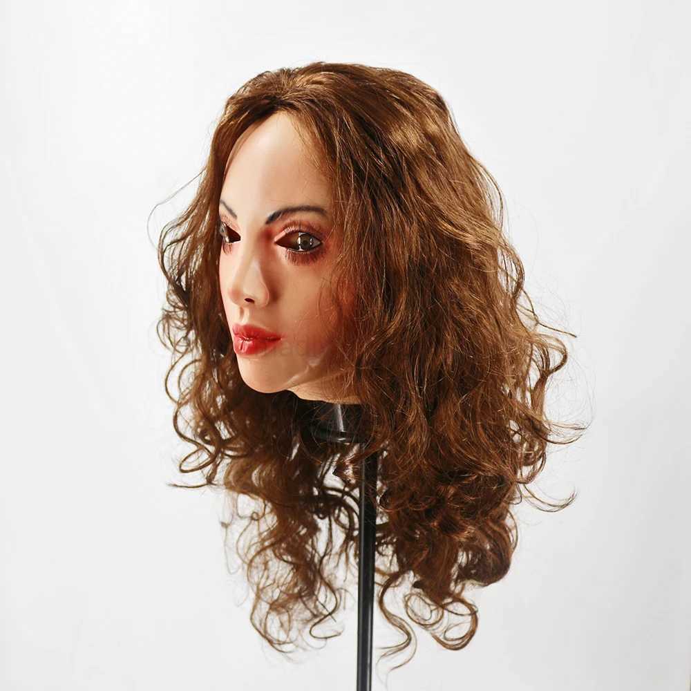 Realistic Female Latex Mask Woman Face Halloween Latex Mask with Wig Lady Crossdressing Sissy Transgender CostumeM240711