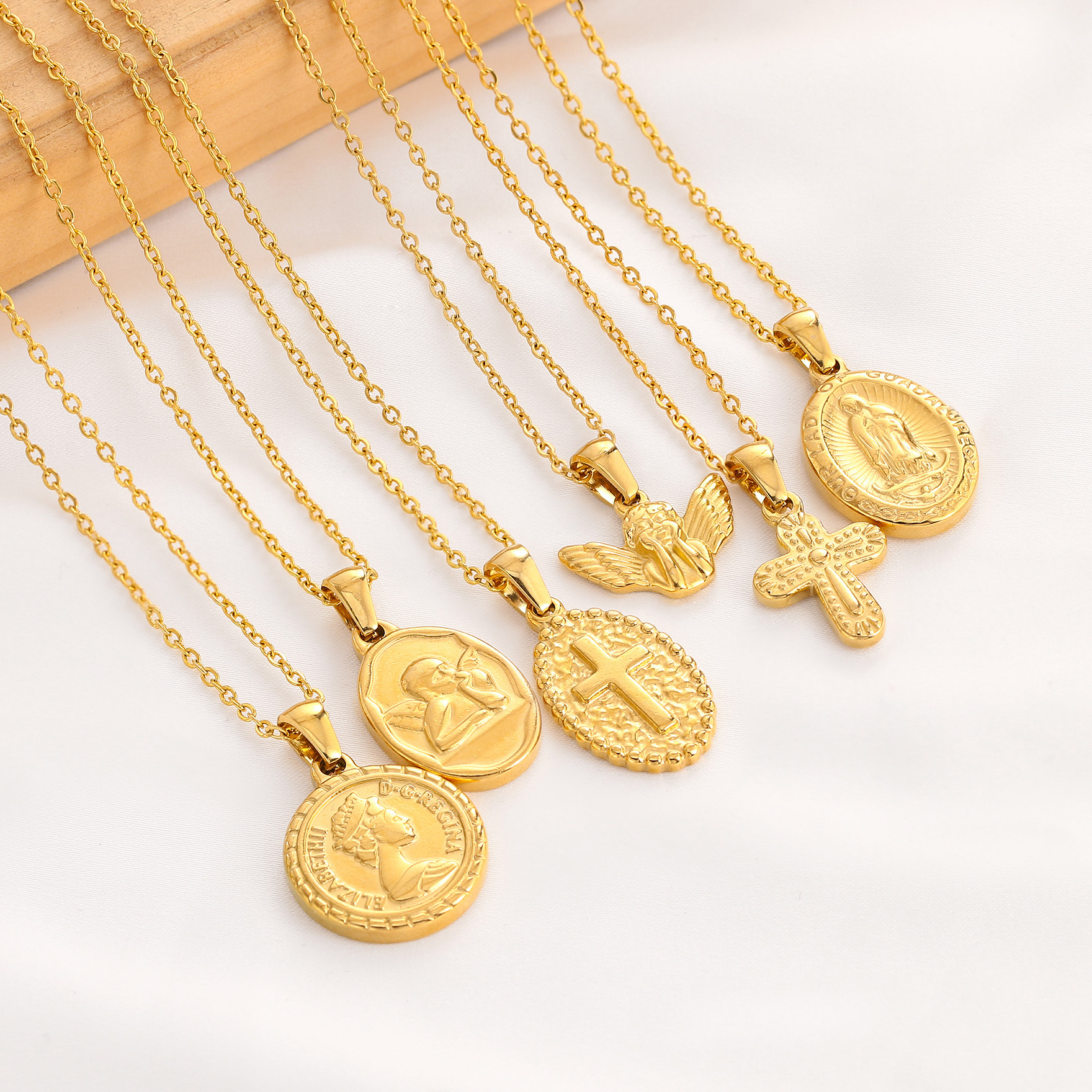 Emed Stainless Steel Gold Chain Cross Angel Madonna Pendant Necklace for Women and Men 4