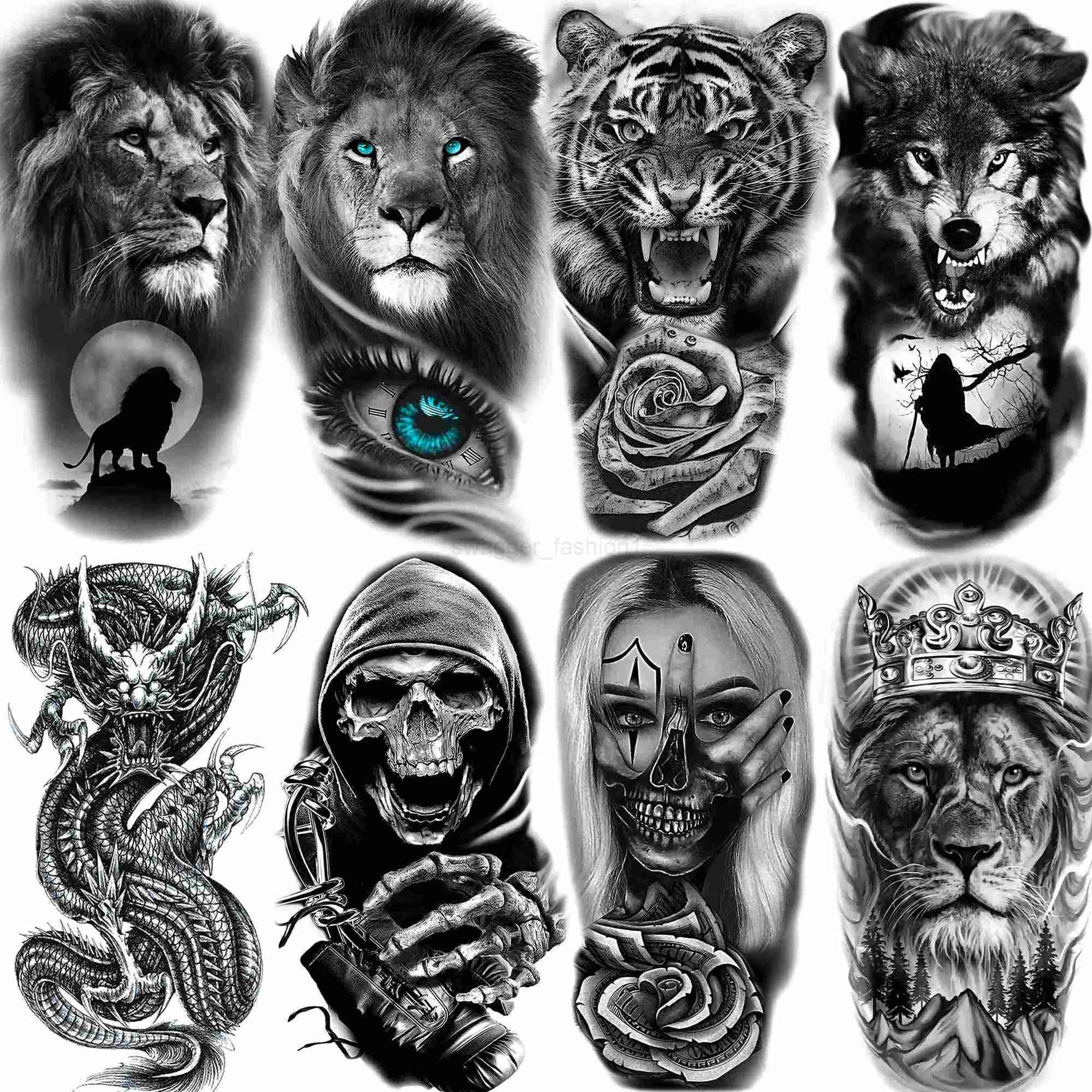 8 Sheets Tribal Lion Tiger Temporary Tattoos For Women Adults Men Fake Black Skull Dragon Tattoo Sticker Gangster Compass TatoosB240711