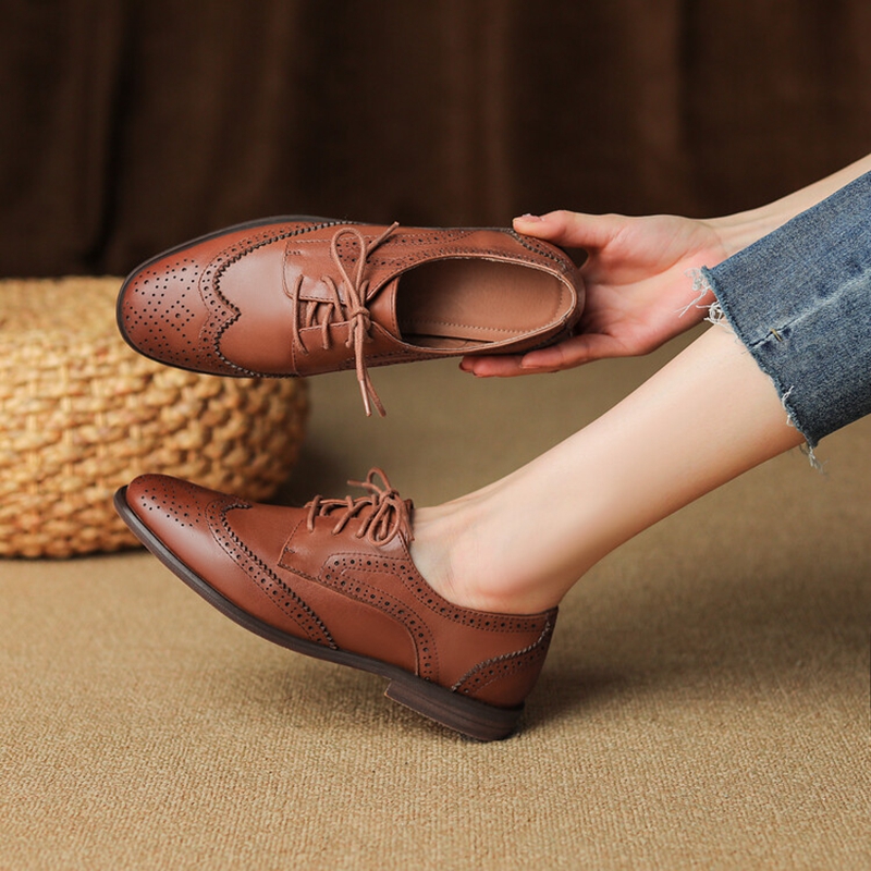 Women 2023 Oxfords Spring/Autumn Shoes for Woman Genuine Leather Brogues Retro Lace up Loafers casual Handmade Black Girls shoes e6fc