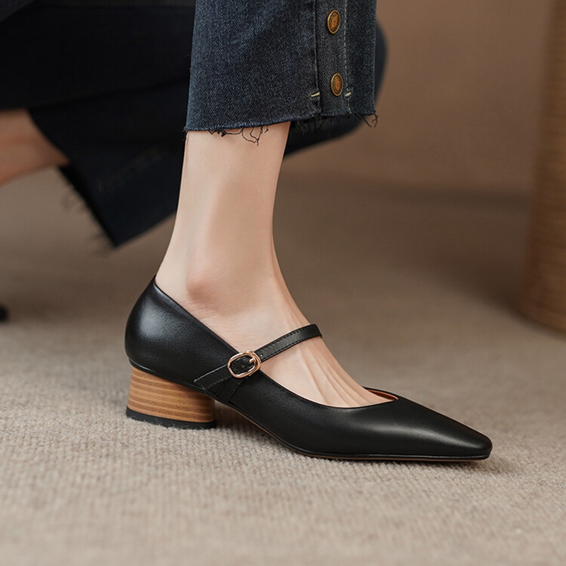 Spring 2023 Square Toe Chunky Heel Genuine New Leather Mary Janes Solid Pumps Retro Shallow Shoes for Women 7197