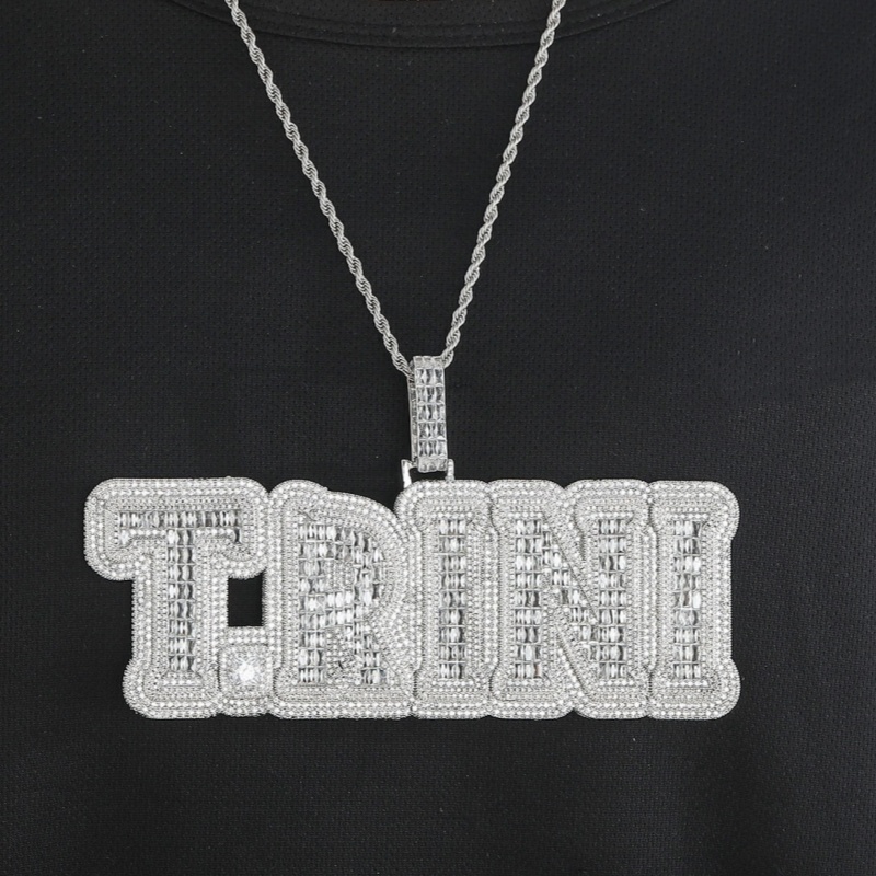 Men Women New Fashion Big Size Yellow White Gold Plated Full Bling moissanite Stone DIY Custom Name Letter Pendant Necklace with 3mm 24inch Rope Chain