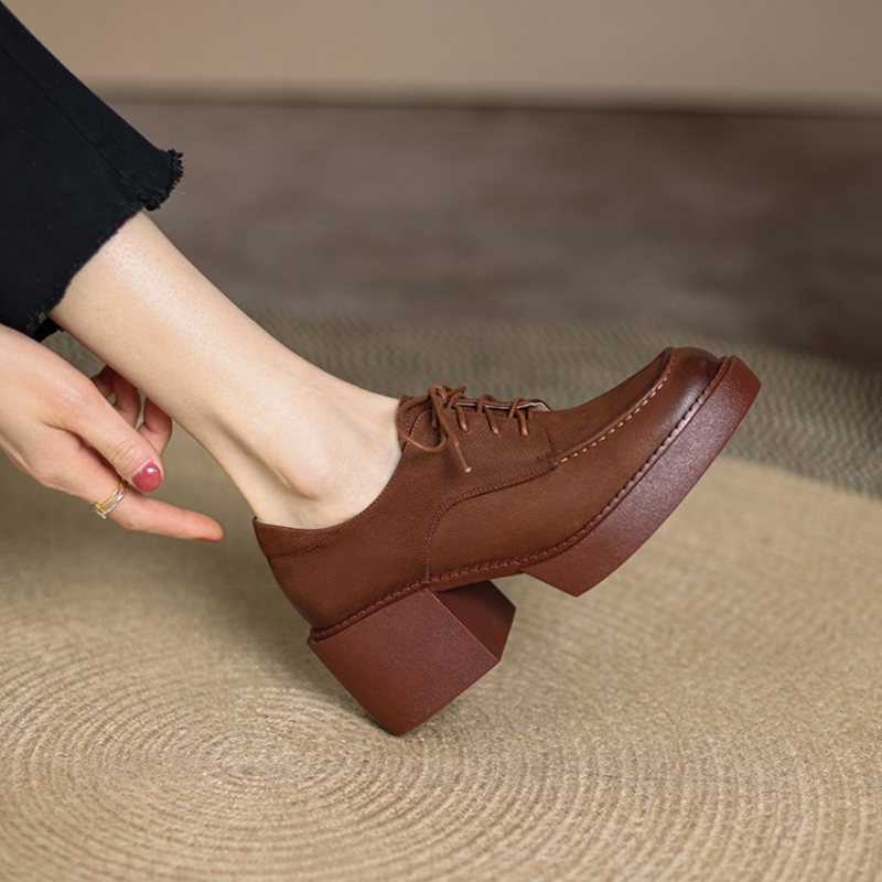 Spring/Autumn 2022 Genuine Leather Round Toe Platform Solid Lace Pumps Thick Heel Shoes New for Women 5e74