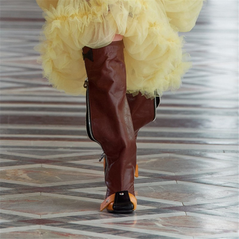 Cowhide Rivet Side Zipper Square Toe Motorcycle Women's Autumn Winter Casual Personality Thick Heeled Knee Length Boots