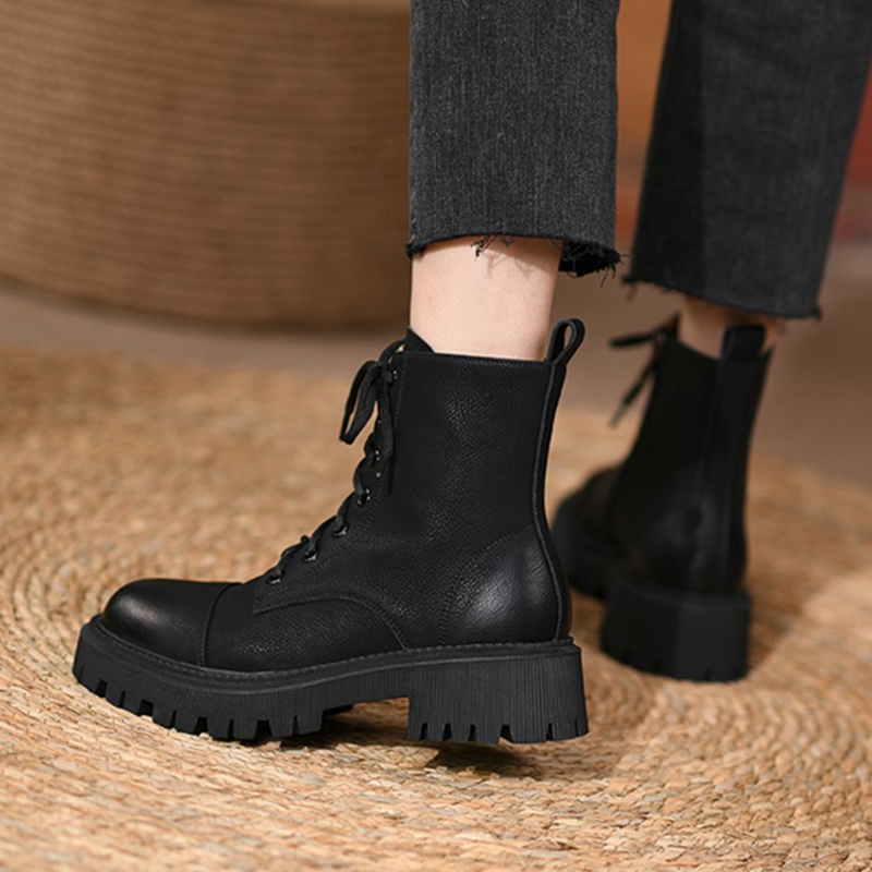 Fall HOT Round Toe Thick Heel Shoes Winter Women Split Leather Casual Platform Motorcycle Boots d0fb