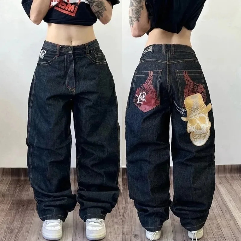 Y2K Baggy Jeans Streetwear Womens Hip Hop Skull Graphic Jeans Black Pants Harajuku Gothic High Waisted Wide Leg Trousers 240708