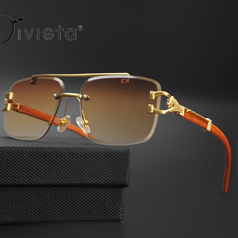Square Rimless Sunglasses Men Retro Flat Top Double Bridges Metal Frame Men's Sunglasses Luxury Gold Lion Decoration Women Sun Glasses Eyewear S1