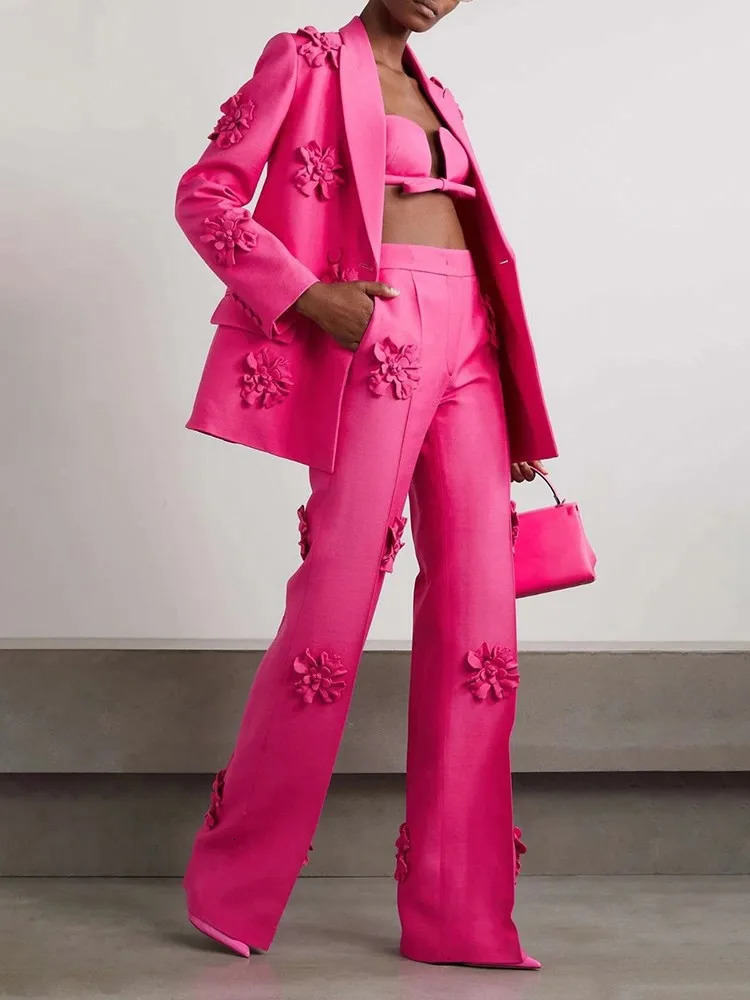 VGH Spliced Appliques Two Piece Sets For Women Lapel Long Sleeve Blazer High Waist Loose Straight Pant Casual Solid Set Female 240704