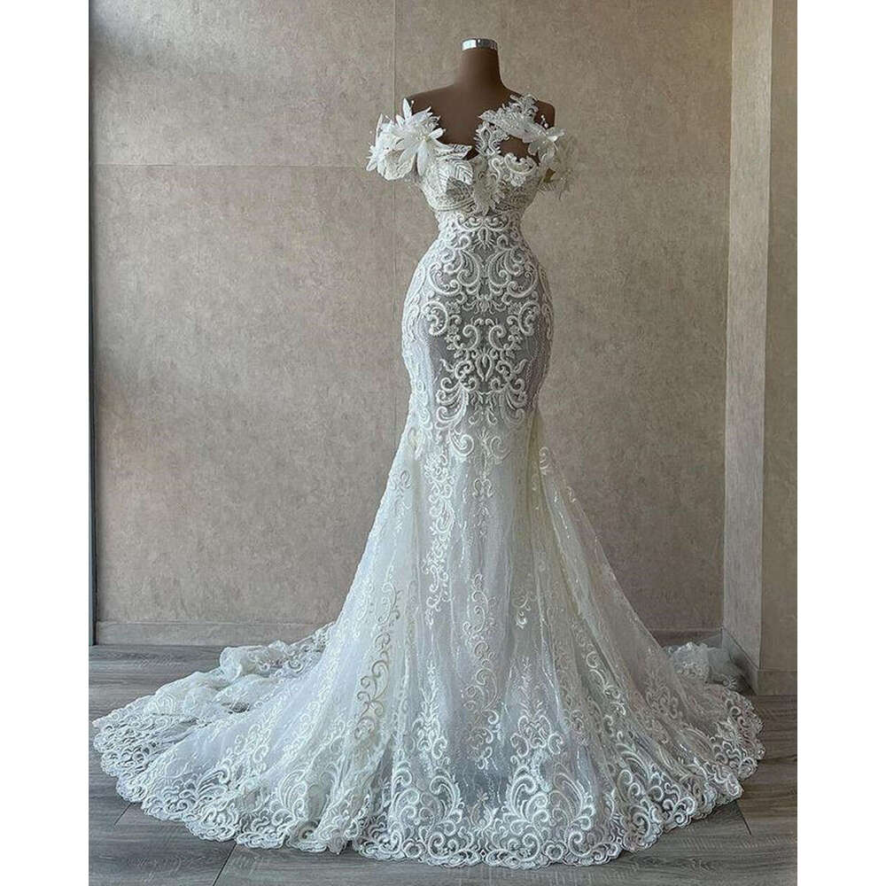 Wedding Mermaid Beach Dresses Sexy Bridal Gowns 3D Wer Pearls Lace Appliqued Sheer Neck Custom Made Vestido De Novia