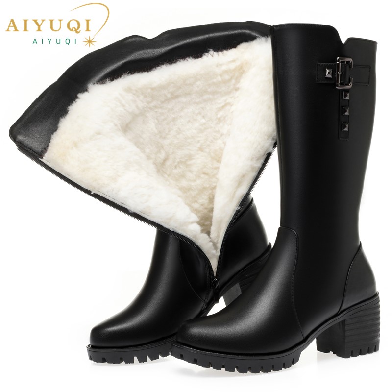 AIYUQI Women Winter Boots High Heels New Warm Wool Large Size Women Long Boots Roman Style Genuine Leather Women Riding Boots