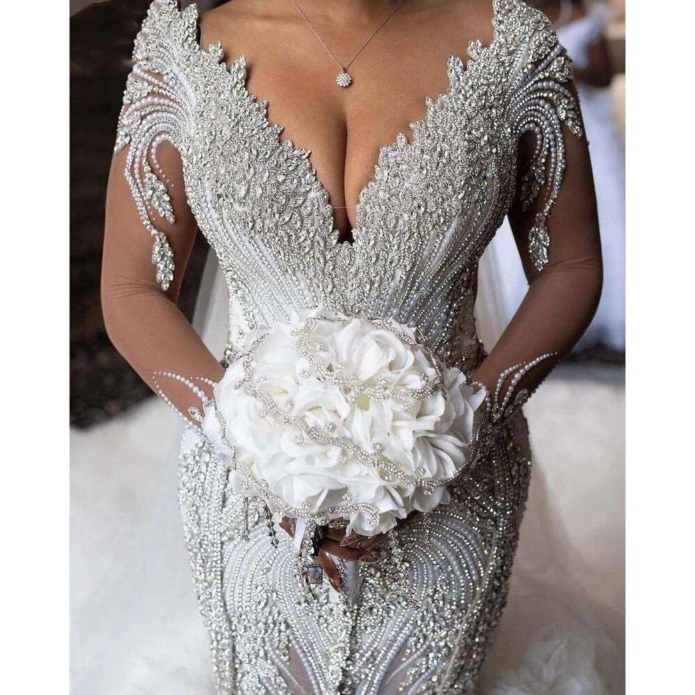 Crystal Princess Amzing Wedding Dresses Illusion Long Sleeve Beaded Plus Size Arabic Aso Ebi Royal Mermaid Bridal Gown