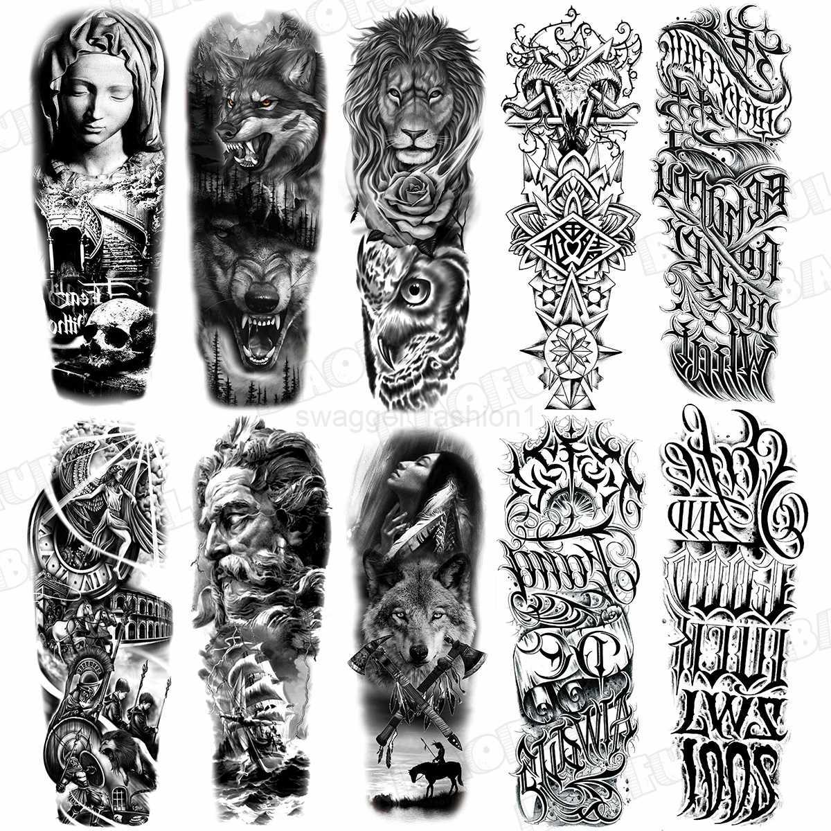 Arm Sleeve Temporary Tattoos For Women Men Realistic Wolf Lion Rosette War Maori Flower Fake Tattoo Stickers Sexy Thigh TatoosB240711