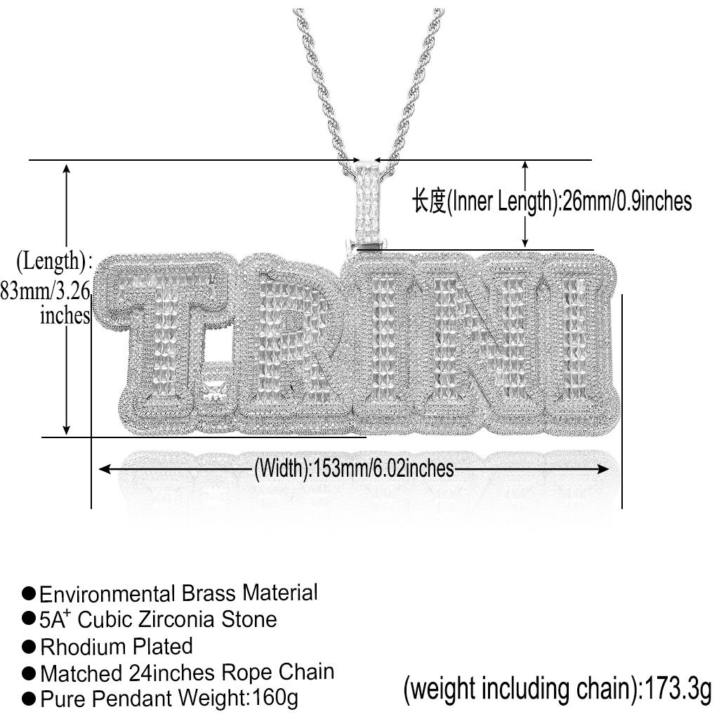 Men Women New Fashion Big Size Yellow White Gold Plated Full Bling moissanite Stone DIY Custom Name Letter Pendant Necklace with 3mm 24inch Rope Chain