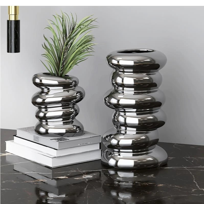 Electroplated Sier Ceramic Nordic Decoration Home Shaped Spiral Vase Living Room wer Arrangement Container 240709