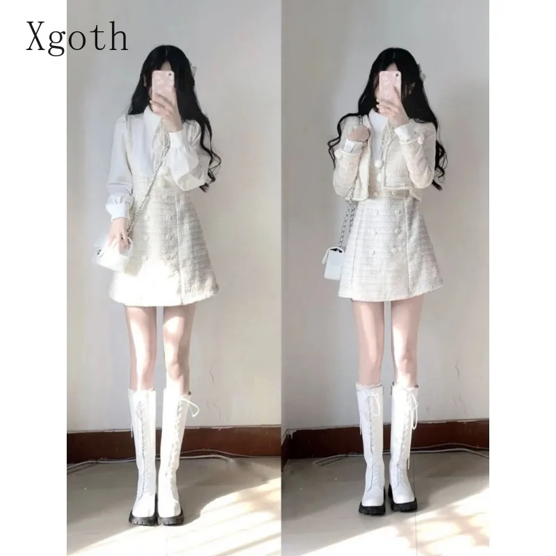 Ladies Dresses Set V-Neck Tweed CoatWaist Retraction White Shirt Spliced Dress Elegant Sweet Commuting Two-Piece Women Clothing 240708