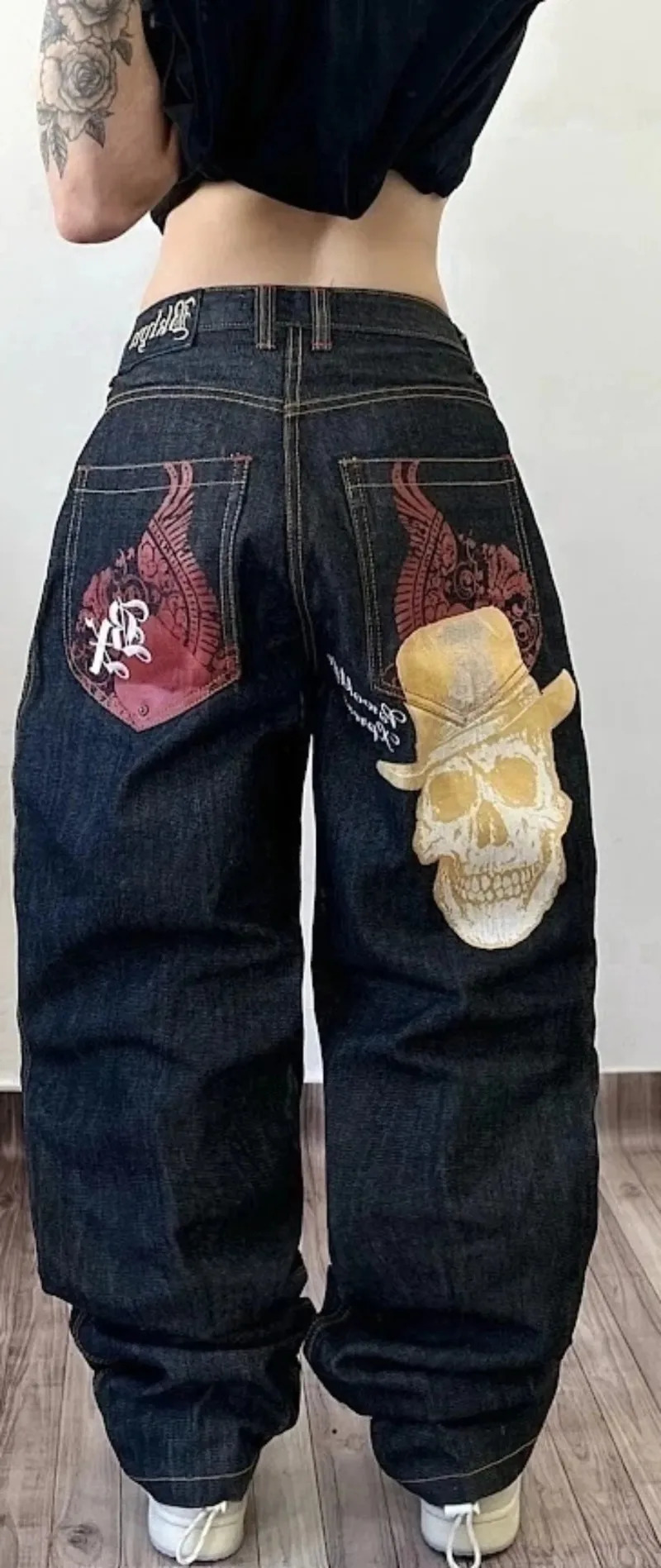 Y2K Baggy Jeans Streetwear Womens Hip Hop Skull Graphic Jeans Black Pants Harajuku Gothic High Waisted Wide Leg Trousers 240708