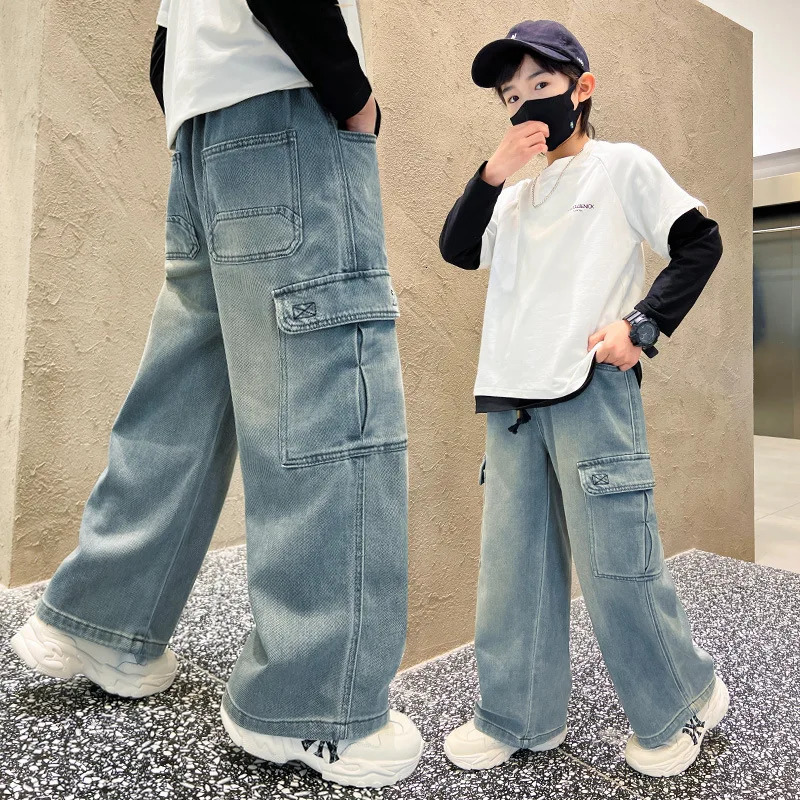 Teen Boys Straight Leg Cargo Jeans Spring/Autumn Kids Wide Leg Denim Long Pants for Children Loose Pockets Trousers 5 14 Yrs 240705