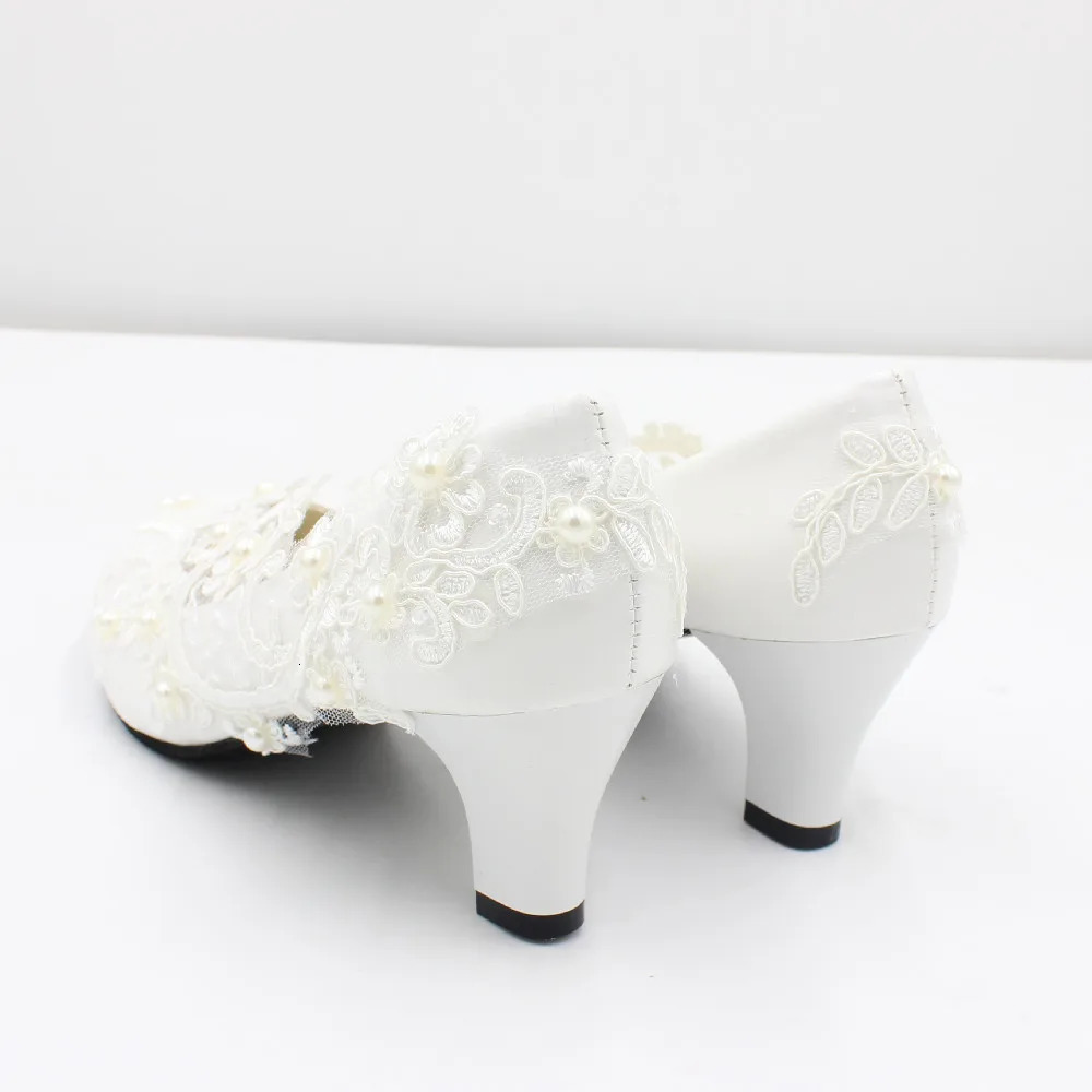 White lace large size womens shoes Bride wedding shoes Low heel bridesmaid shoes round toe high heels BH2203 240708 - view 6