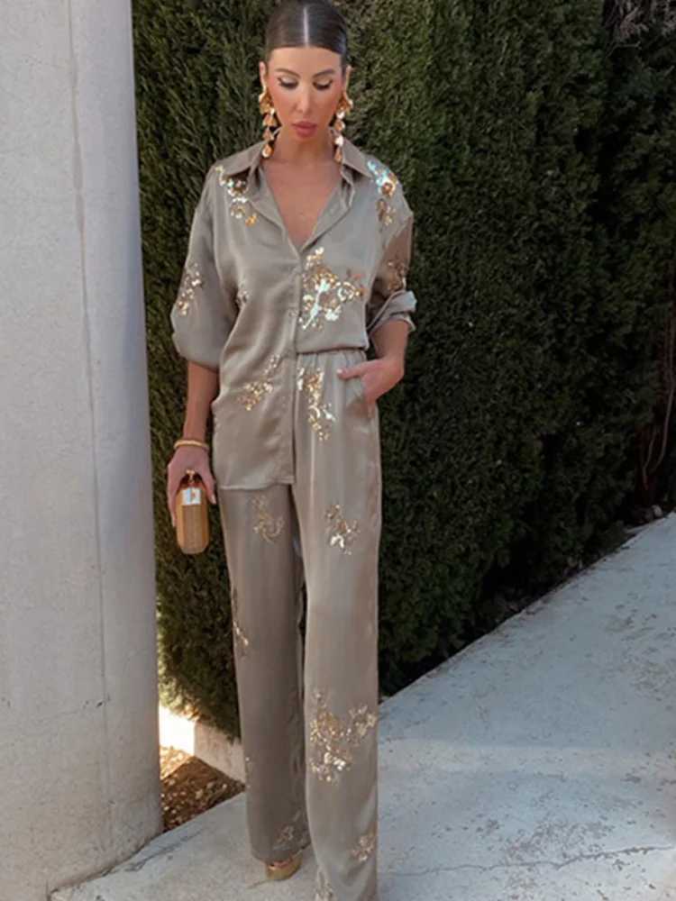 Women's Two Piece Pants Retro dyed embroidered sequins womens two-piece set with unique lapels long sleeved shirts loose pants summer womens clot