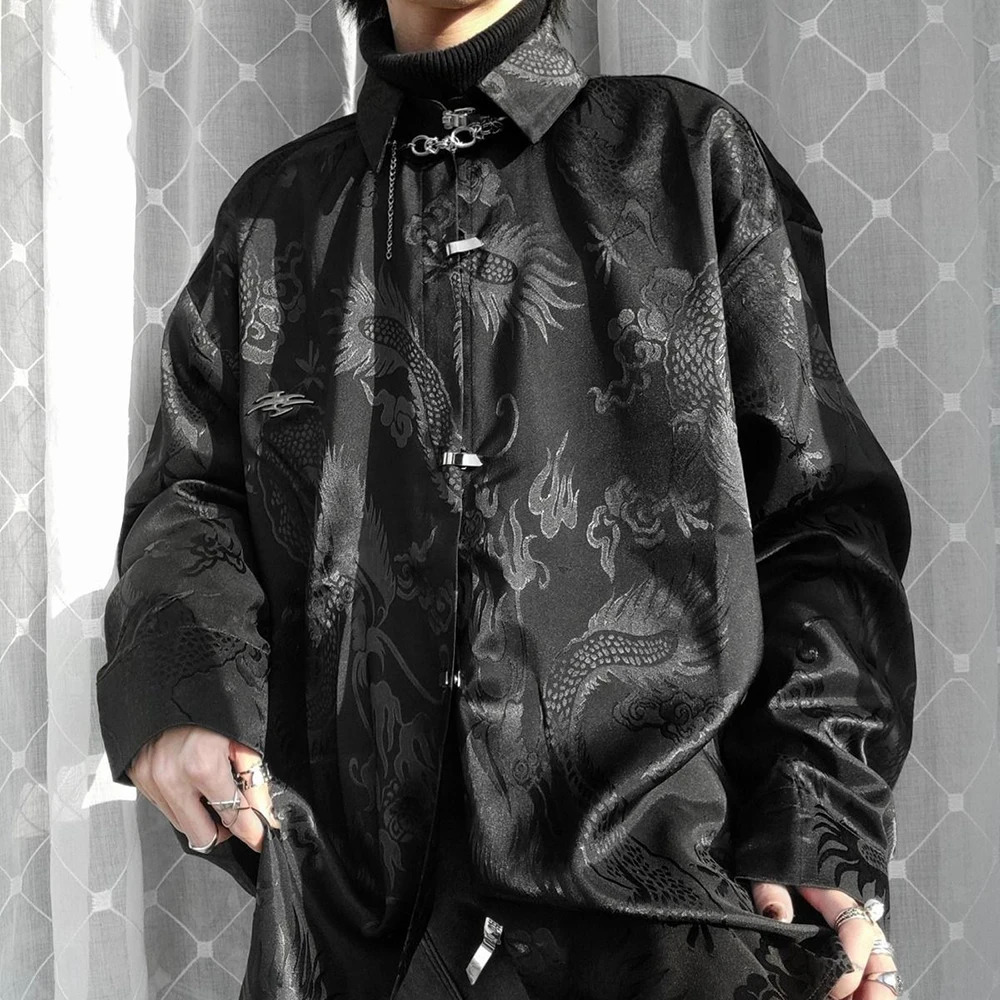 Vintage Harajuku Blouses Men Satin Shirt Dragon Totem Print Streetwear Button Up Long Sleeve Shirts Chinese Style Tops Unisex 240704