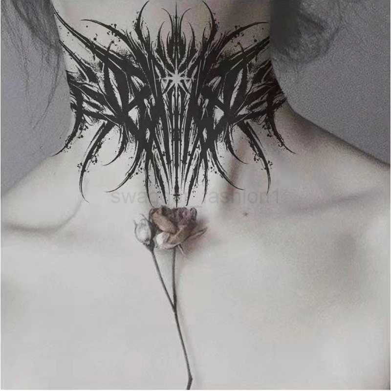 2022 Dark Gothic Thorns Neck Temporary Tattoo Stickers Waterproof Black Cool Men and Women Arm Body Art Fake Tattoo Calf TattooB240711