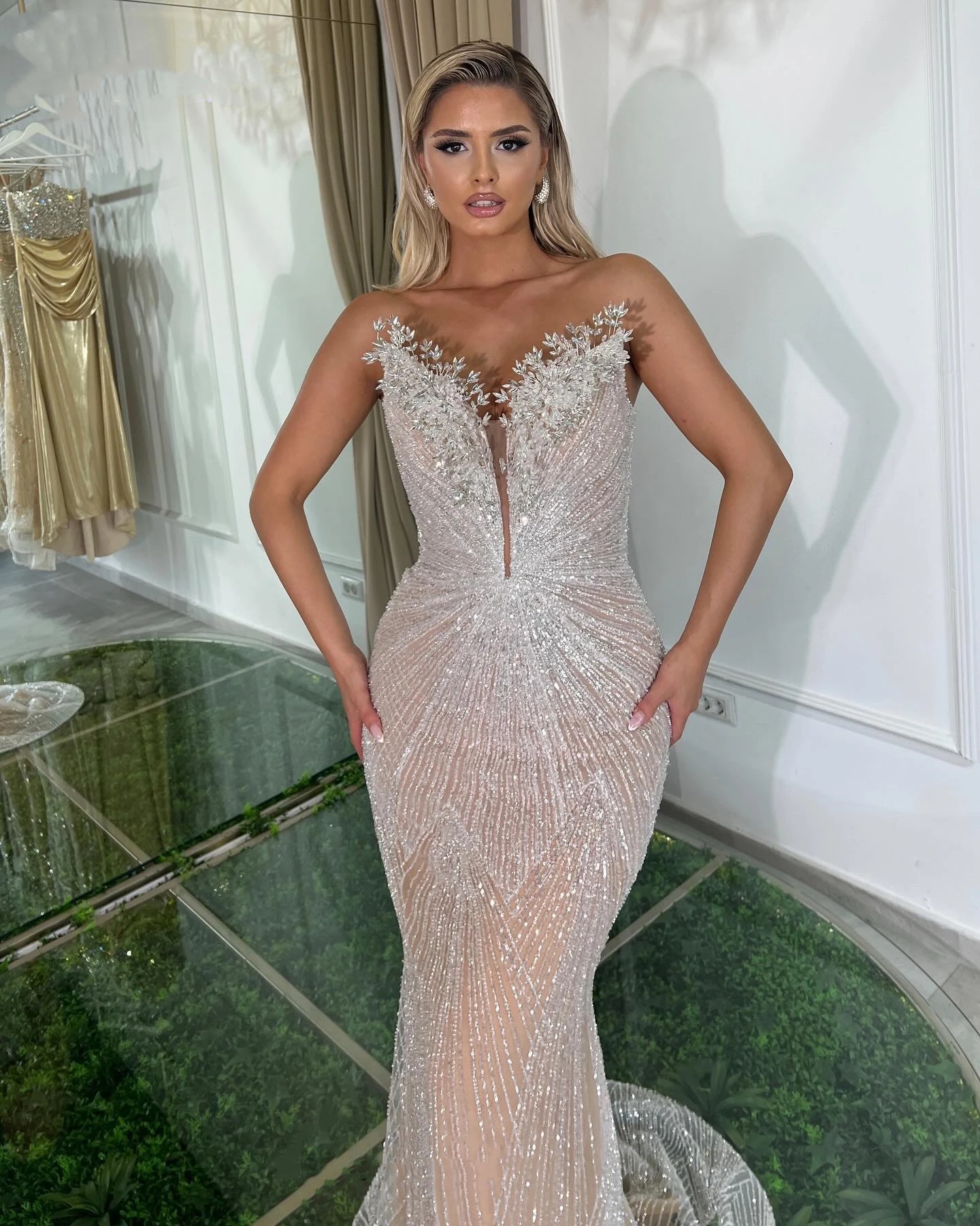 Sequins Mermaid Elegant Prom Dresses Crystal Evening Gowns Illusion Lace Up Strapless Party Dress Sleeveless Vestidos De Noche 6660306