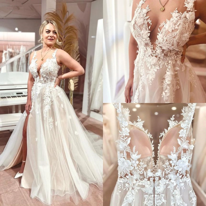 Boho ral Lace Appliqued Country A e Wedding Dresses Spaghetti Straps Romantic Tulle Bridal Gowns Sexy Side Split Plus Size Bride Marriage Vestidos