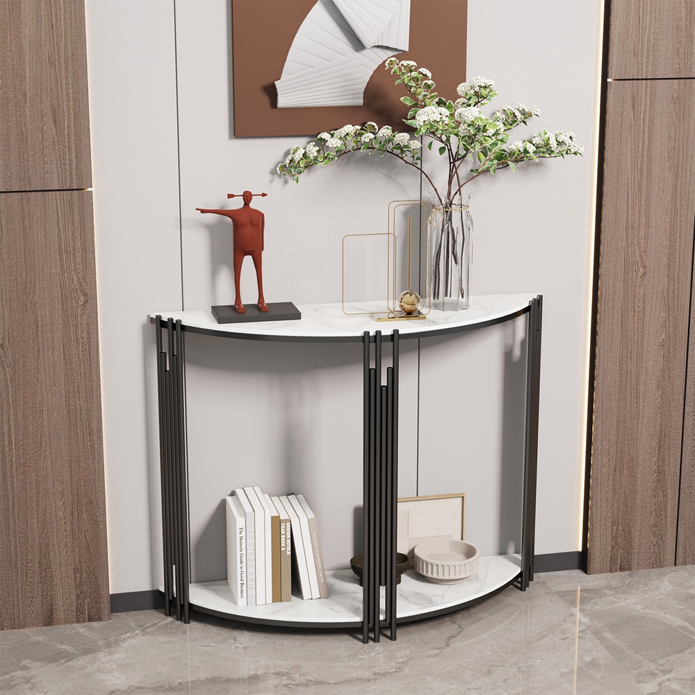 FATIVO Half Moon Console Table with Storage Shelf White Sintered Stone Table and Black Metal for Entryway,Living Room, Hotel, Porch